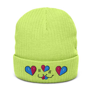 Hearts and Smilies Kiss Two-Tone Embroidered Ribbed Knit Beanie