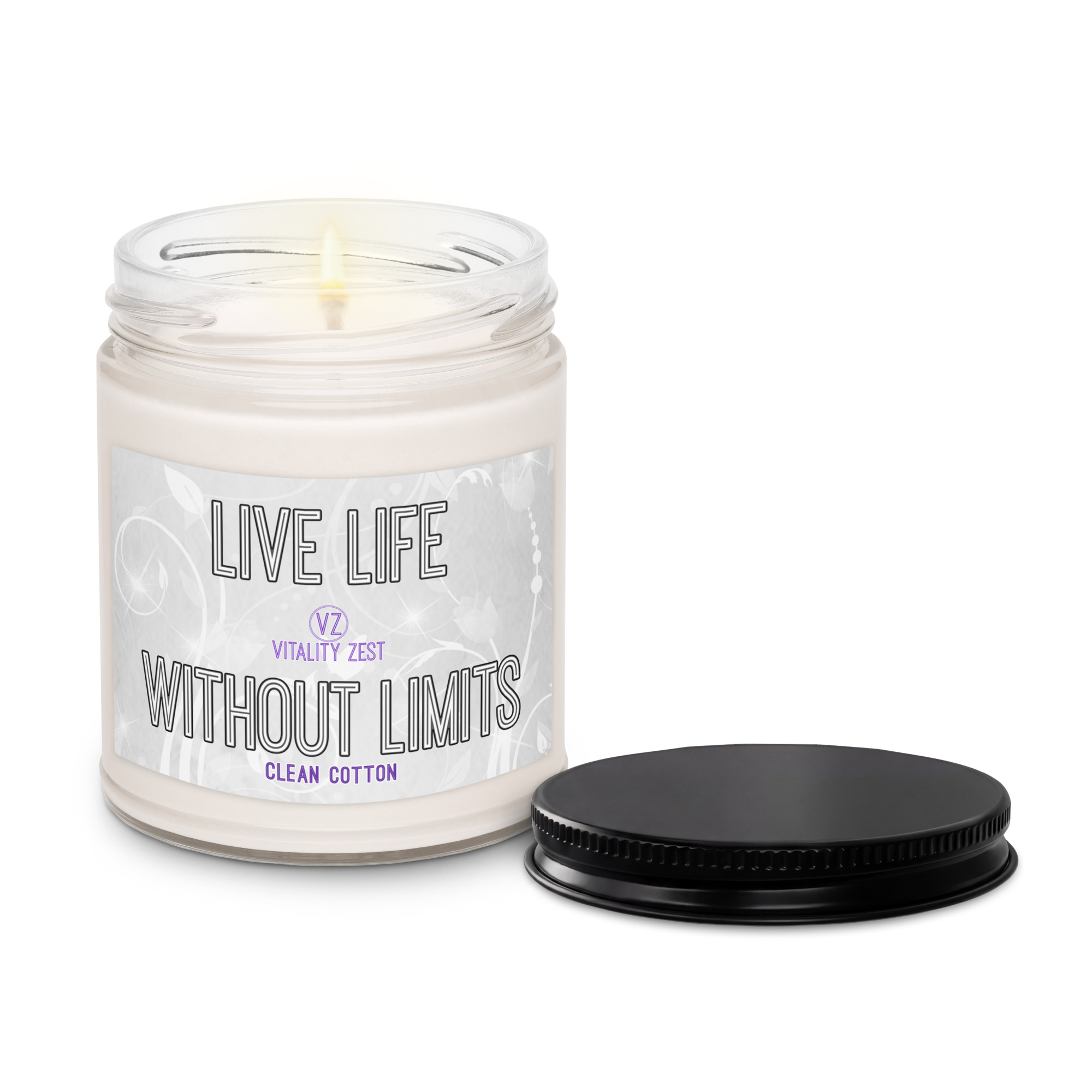 live life without limits with clean white cotton all natural scented soy candle from vitality zest for spa, yoga, and meditation