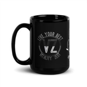 glossy black vitality zest coffee mug, live your best fully caffeinated
