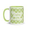 white-ceramic-mug-with-color-inside-green-11-oz-left-6aa541f4488e9.jpg lime green and white lace pattern ceramic coffee mug with positive vibes from vitality zest