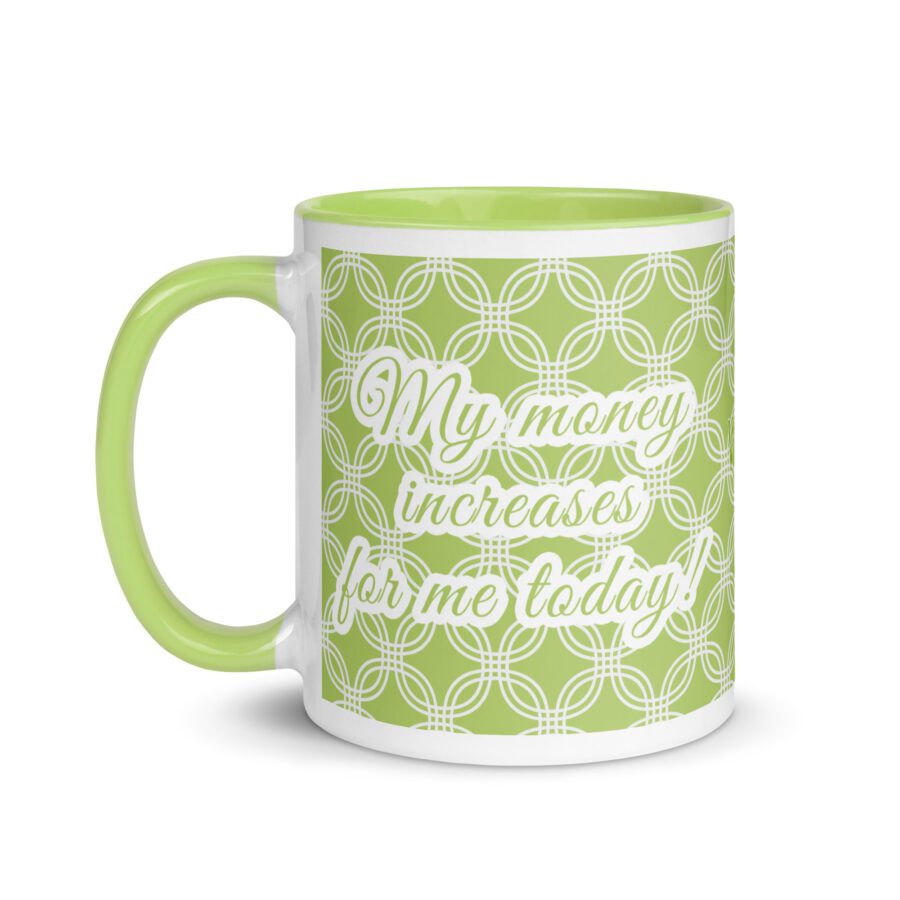 white-ceramic-mug-with-color-inside-green-11-oz-left-6aa541f4488e9.jpg lime green and white lace pattern ceramic coffee mug with positive vibes from vitality zest